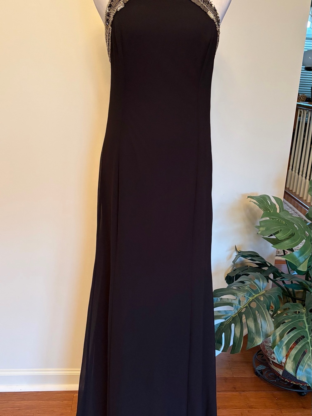 Beautiful Black Halter Prom Gown with Beaded Trim